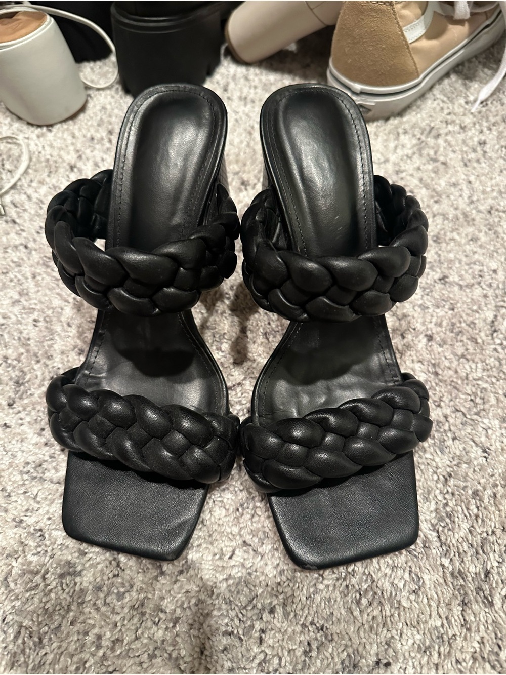 Black Braided Double-Strap Women's Heeled Sandals